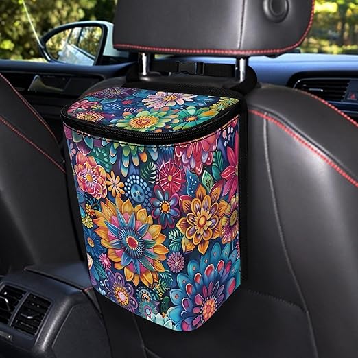 Vintage Boho Flower Car Trash Can with Lid Leak Proof Auto Trash Bag Hanging Vehicle Garbage Can Multipurpose Storage Container for Back Seat Road Trip