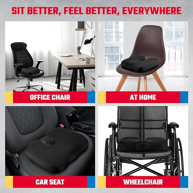 NASCAR Seat Cushion | Ergonomic U-Shape with Memory Foam for Tailbone, Sciatica, & Back Pain Relief | Breathable 3D Air Mesh Material w/Non-Slip Rubber Bottom | for Car, Office, Home, Travel | Black