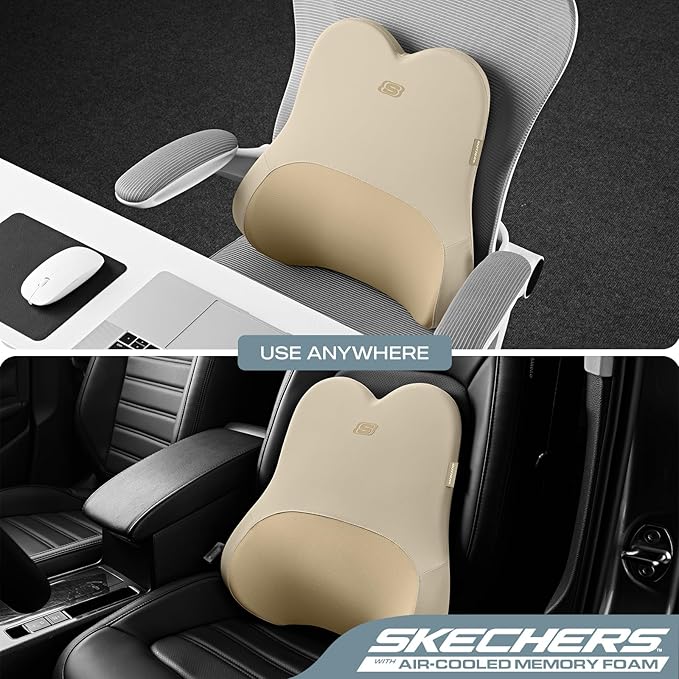 Skechers Air-Cooled & Memory Foam Lumbar Pillow,Lumbar Support Pillow for Office,Chair Lower Back Pain Relief Lumbar Pillow,Ergonomic Design Back Support Pillow for Office Chair,Car,Home,Travel,Beige