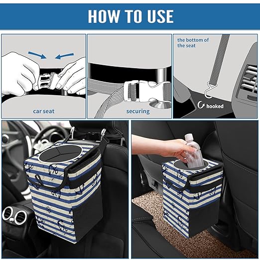 Car Trash Can Nautical Anchor Navy Blue Stripes Auto Garbage Bag Car Trash Can with Lid Leak-Proof Car Storage Bag Garbage Can Hanging for Headrest Collapsible and Portable with Storage Mesh Pocket
