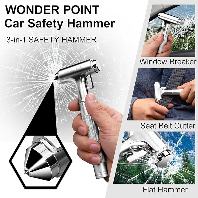Premium Car Glass Breaker with Seat Belt Cutter - Automotive Safety Hammer - Emergecy Escape Tool, Car Autoaccessory Metal Window Hammer, Vehicle Hard Aluminium Alloy Head Design(Silver)