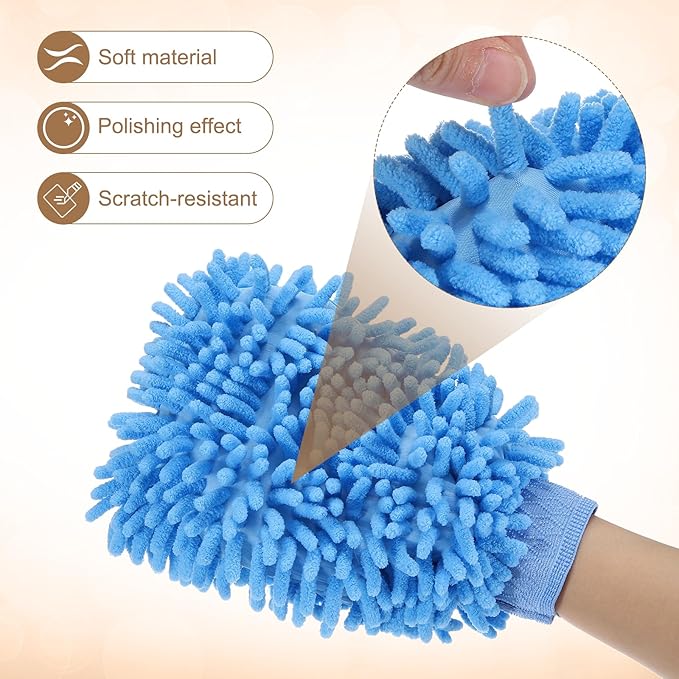 HARFINGTON 2pcs Chenille Microfiber Car Wash Mitts 9.8" x 7.9" Scratch Free Wash Gloves Absorbent Double Sided Plush Cleaning Drying Mitts for Car Washing Home Light Blue