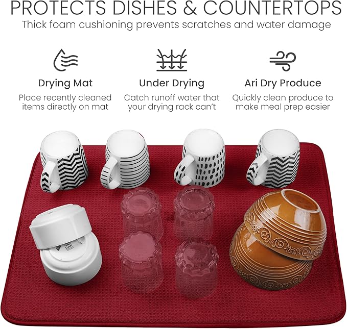 Bellemain XXL Dish Mat 24" x 17" ( LARGEST MAT ) Microfiber Dish Drying Mat , Super absorbent ( Red )