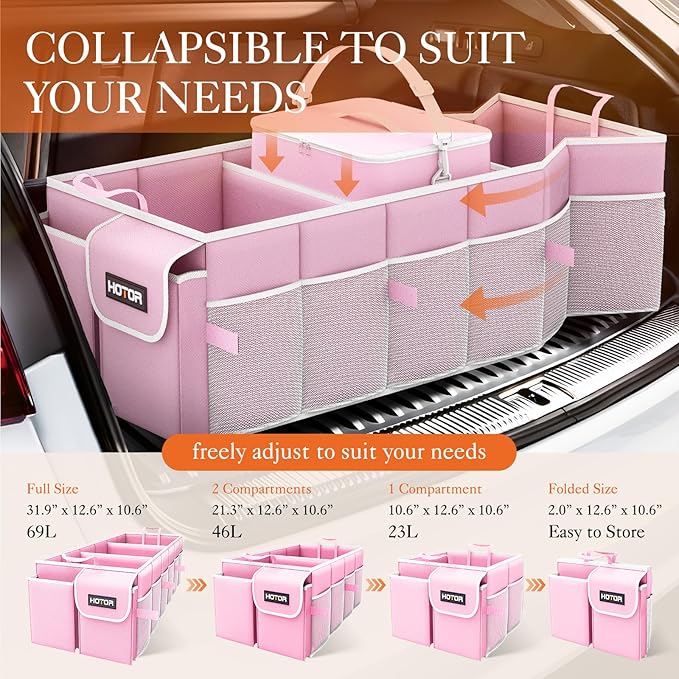 HOTOR Trunk Organizer, Sturdy Foldable with Cooler for Car & SUV, 3 Compartments, Pink, 30.90”×12.60”×10.63”