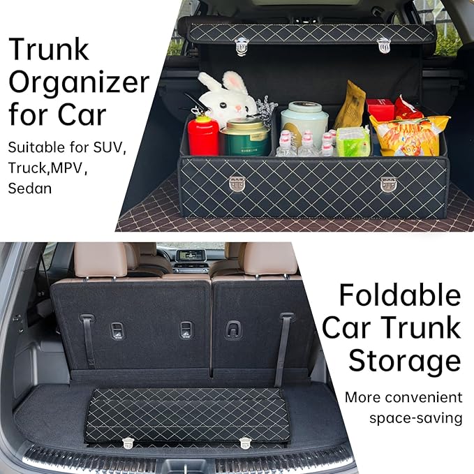 Trunk Organizer for Car With Lid,Foldable Trunk Organizer for SUVs & Sedans,Multi-Functional Leather Storage Box - Black Grid - Large