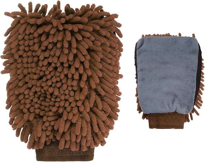 HARFINGTON Chenille Microfiber Car Wash Mitts 9.8" x 7.9" Scratch Free Wash Gloves Absorbent Double Sided Plush Cleaning Drying Mitts for Car Washing Home Clean, Brown