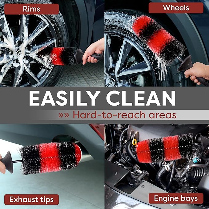 (Upgraded) TAKAVU Premium Wheel & Tire Brush, Long Bristle Detailing Brush for Effortless Rim & Tire Cleaning, Non-Slip Handle, Built-in Knuckle Guard, Deep Reach for Brake Dust & Dirt Removal (Red)