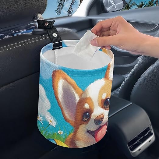 Cute Car Trash Can Cute Corgi Print Automotive Accessories for Interior Organizer Truck SUV RV Vehicle Home Office Small Portable Hanging Garbage Bags