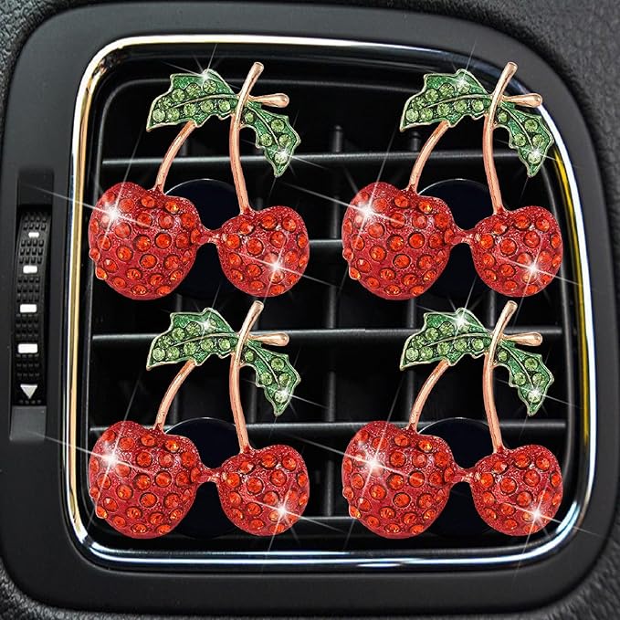 4 Pcs Cherry Decor Air Vent Clips Car Accessories,Stylish Fresheners Automotive Accessories for Women Interior Upgrade,Cherry Rhinestone Clip Bling Cute Car Interior Decoration for Women Decor