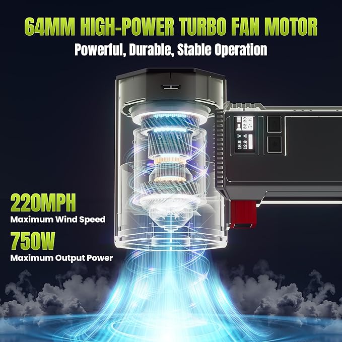 Oversize Turbo Dryer Blower for Car, 220MPH/420CFM Portable Cordless Leaf Blower, Maximum Power 750W & 3.5 LB Thrust for Patio Cleaning, Lawn Careand Car Drying (Pencil Black)