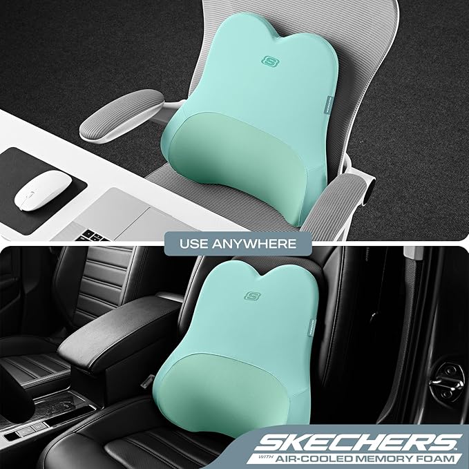 Skechers Air-Cooled & Memory Foam Lumbar Pillow,Lumbar Support Pillow for Office,Chair Lower Back Pain Relief Lumbar Pillow,Ergonomic Design Back Support Pillow for Office Chair,Car,Home,Travel,Green