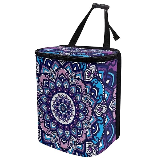 Vintage Mandala Flower Car Trash Can with Lid Portable Foldable Garbage Can Hanging for Headrest Leakproof Organizer and Storage Bag Auto Accessories