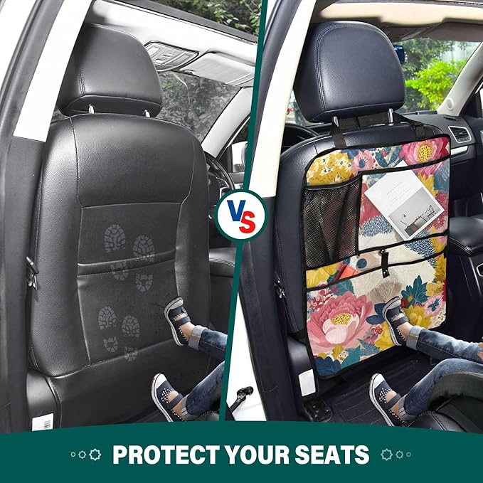 1 Pack Back Seat Car Organizer with Storage Pockets Kick Mats Back Seat Protector Hanging Car Organizer Automotive Seat Back Cover Organizers Garden Flowers Hedgehogs Colorful