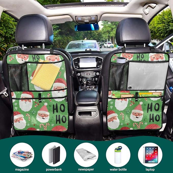 1 Pack Back Seat Car Organizer with Storage Pockets Kick Mats Back Seat Protector Hanging Car Organizer Automotive Seat Back Cover Organizers Bright Green Christmas Santa Claus