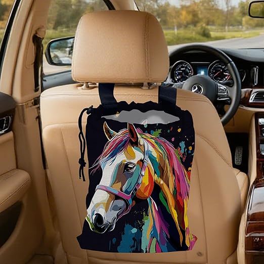 Watercolor Horse Car Trash Bag, Hanging Drawstring Car Garbage Bag,Canvas Car Back Seat Organizer with Adjustable Buckle for Men and Women
