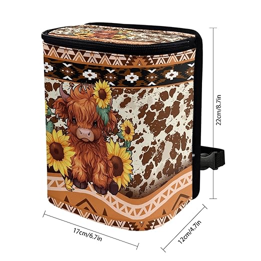 Highland Cow Car Trash Can with Lid Garage Bag Southwest Aztec Automotive Garbage Bin Reusable Auto Accessories Interior Car Organizer with Adjustable Straps