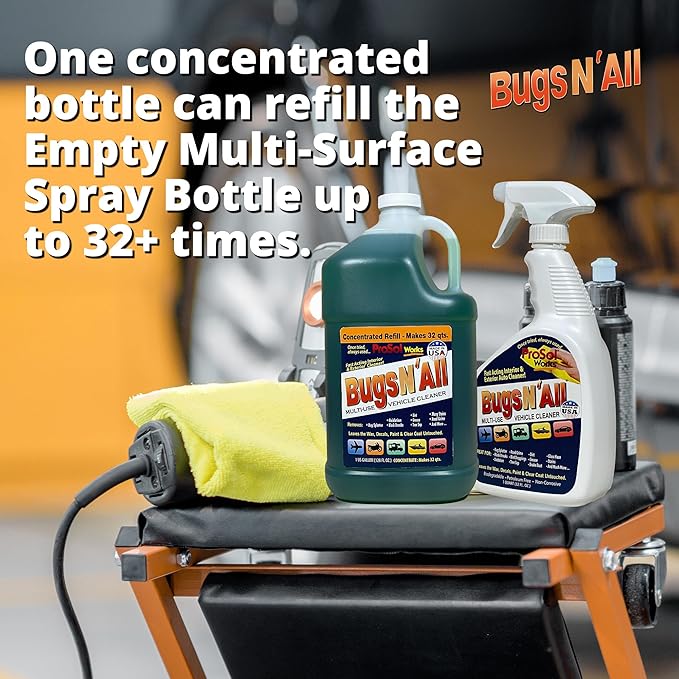 Bugs N’ All Multipurpose Car Cleaner & Degreaser - Bug & Tar Remover Concentrate 1 Gallon - Exterior Cleaner Safe for Car Paint, Metal, Chrome, Aluminum, Windows & Mirrors - w/Free 32 oz Spray Bottle