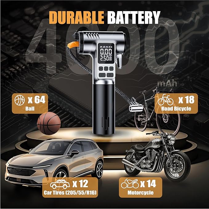 Tire Inflator Portable Air Compressor, 150PSI Pump with Digital Pressure Gauge & Auto Shut-Off for Car/Bike/Motorcycle Tires&Ball, with LED Light, Safety Hammer & Seatbelt Cutter Function