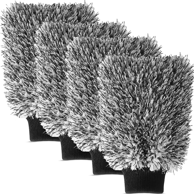 4 Pack Microfiber Car Wash Mitts Set 10x7 Inch Soft Suede Lining Car Wash Gloves, Highly Absorbent Scratch-Free Cleaning Cloths for Auto Detailing, Safe with All Soaps, Bucket(Black)