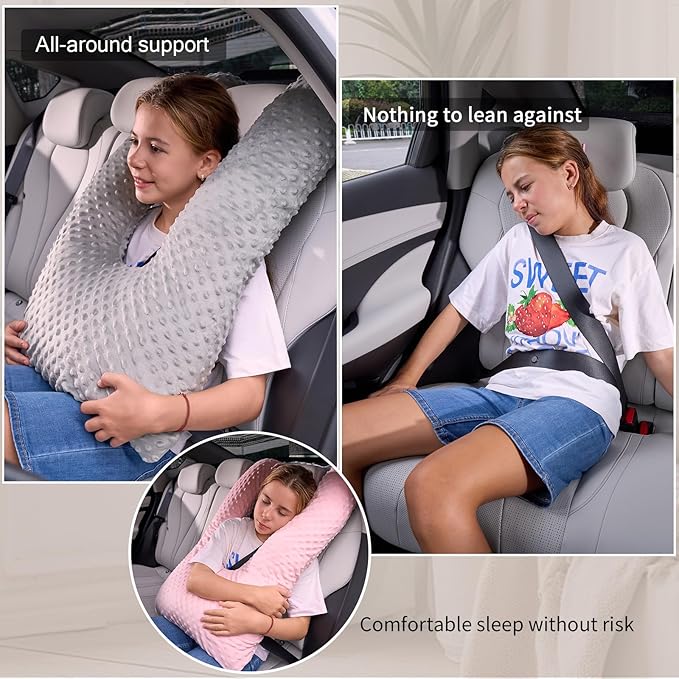 Travel Pillow for Kids Adult in Car - Pillow for Car Sleeping Ultra Large U Shaped with Removable Soft Cover Support Fix Neck and Body Sitting/Sleeping on The Trip (Grey)