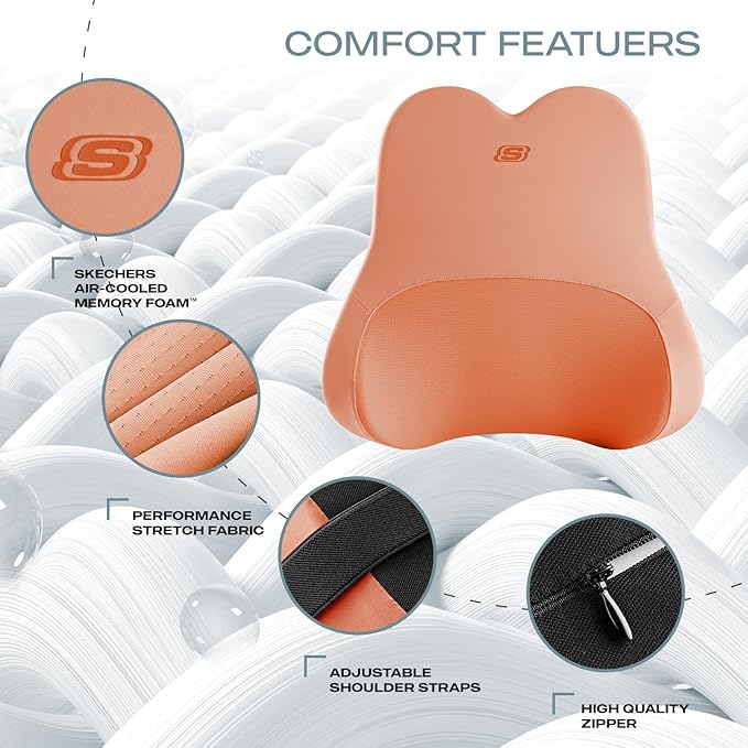 Skechers Air-Cooled & Memory Foam Lumbar Pillow,Lumbar Support Pillow For Office,Chair Lower Back Pain Relief Lumbar Pillow,Ergonomic Design Back Support Pillow For Office Chair,Car,Home,Travel,Orange