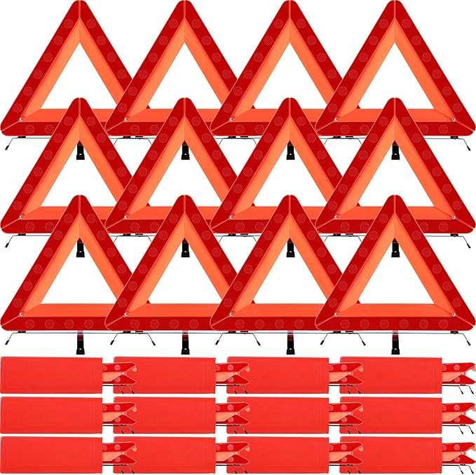 Kanayu Warning Safety Triangles for Vehicles Foldable Roadside Emergency Kit Emergency Reflective Triangles with Base and Carrying Case for Cars Trucks Breakdown(12 Pack)