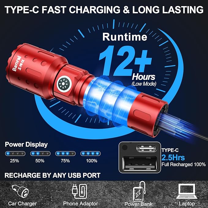 Banral Flashlights High Lumens Rechargeable, Super Bright Long Range Small Powerful Flashlight, 6 Modes LED Tactical Pocket Waterproof Flash Light for Home Emergency (2, Red)