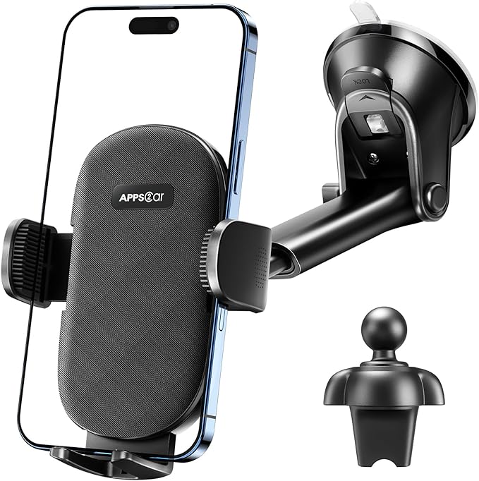 APPS2Car Suction Cup Phone Mount, Windshield/Dashboard/Air Vent Car Phone Holder Mount with Sticky Gel Pad, Compatible with iPhone, Samsung, All Cellphone, Thick Case Friendly