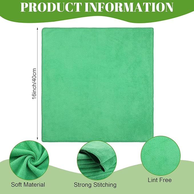 Nuenen 60 Pcs Microfiber Cleaning Cloths for Cars 16 x 16 Inch Ultra Absorbent Car Towels Drying Reusable Cleaning Supplies House Kitchen Window Microfiber Towel (Green)