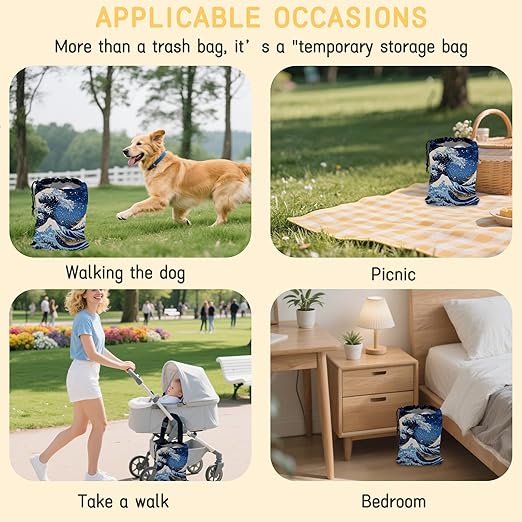 Great Sea Wave Car Garbage Bag, Small Car Trash Bag Hanging Back of Seat,Drawstring Car Trash Bag with Adjustable Buckle,Car Accessories for Camping Travelling