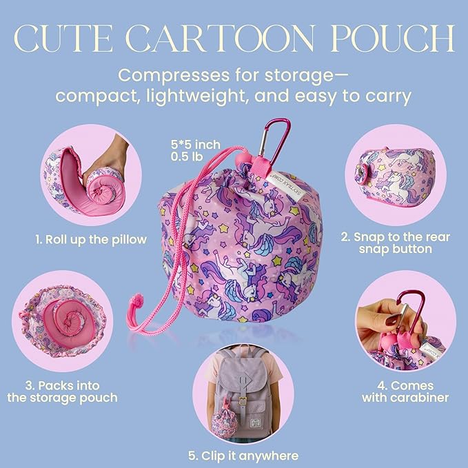 SKYTRAX® Certified Kids Safe Memory Foam Travel Neck Pillow for Kids and Toddlers, Cute Cartoon Design, Car Seat & Airplane Head Neck Support, Adjustable Snap Button, Washable Soft Cover (Unicorn)