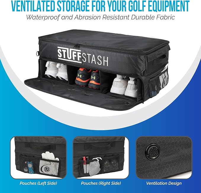 STUFFSTASH Golf Trunk Organizer – Extra Large Car & SUV Storage for Golf Gear (3 Pairs of Shoes, Ventilated Shoe Section, Reinforced Base, Dividers for Tees & Accessories)