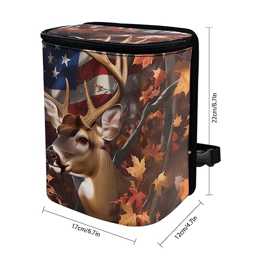 Camo Deer Car Trash Can American Flag Trash Bin with Zip Closure Hanging Vehicles Boat Camping Picnic Storage Organizer Bag Automotive Accessories
