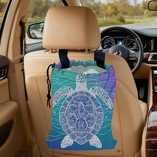 Sea Turtle Car Garbage Bag,Blue Marine Turtle Small Car Trash Bag Hanging Back of Seat,Drawstring Car Trash Bag with Adjustable Buckle,Car Accessories for Camping Travelling