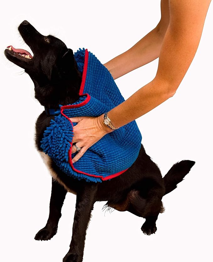 Soggy Doggy Super Shammy Dog Towel - Microfiber Chenille Towel for Drying Dogs and Cleaning Paws - Fast Drying with Hand Pockets for Ease (Blue/Red Trim, 31” x 14”)