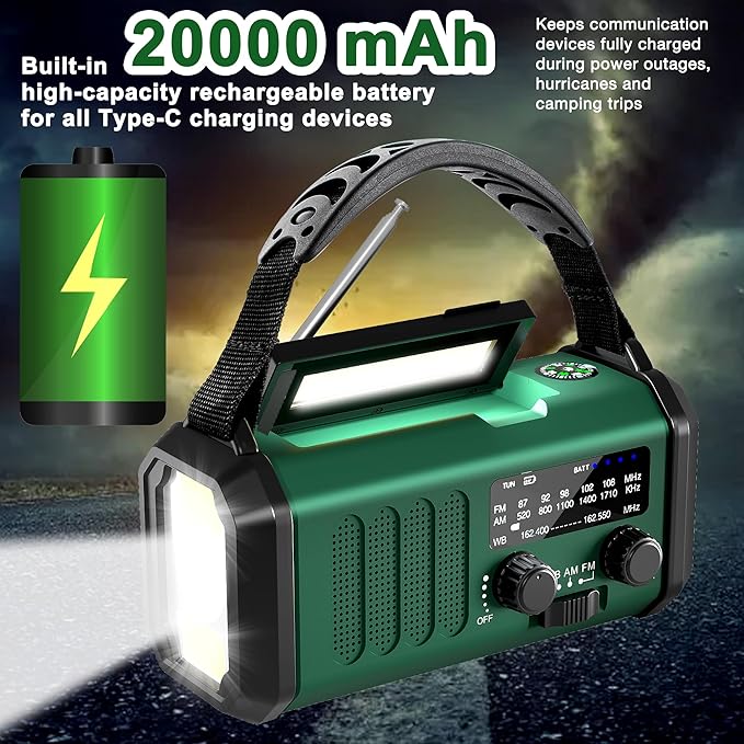 Emergency Radio-NOAA Weather Radio 20000mAh/74000mWh with AM/FM Portable Solar Panel/Hand Crank/AC Input Rechargeable Battery and Flashlight SOS Siren Lamp for Camping Indoor/Outdoor Emergencies