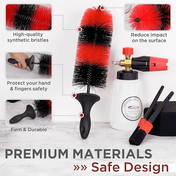 (Upgraded) TAKAVU Premium Wheel & Tire Brush, Long Bristle Detailing Brush for Effortless Rim & Tire Cleaning, Non-Slip Handle, Built-in Knuckle Guard, Deep Reach for Brake Dust & Dirt Removal (Red)