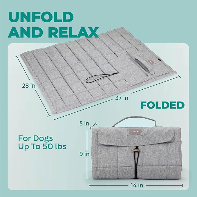 KindTail Nomad Nap Mat - Travel Dog Bed - Machine Washable, Water-Resistant Dog Mat for Pets up to 50 lbs - Lightweight, Portable Pet Bed with Carry Handle - Folds to 14 x 9 x 5 (1.5 lbs, Blue)