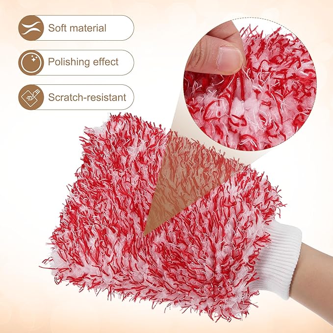 HARFINGTON 2pcs Chenille Microfiber Car Wash Mitts 9.1" x 6.7" Scratch Free Wash Gloves Absorbent Double Sided Plush Cleaning Drying Mitts for Car Washing Home, Red