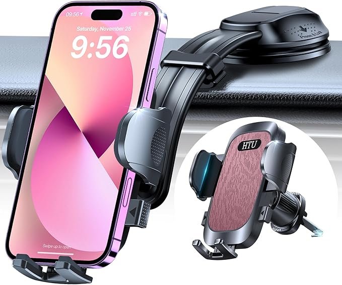 HTU Upgraded Strongest Suction Car Phone Holder Bendable Arm, Never Block View Rotatable Cellphone Mount for Dashboard Windshield Vent, Cradle Stand for iPhone 17 16 15 14 13 12 Pro Max (Dark Pink)