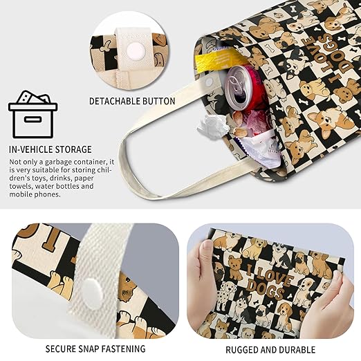 Cute Car Trash Can, Hanging Canvas Car Back Seat Organizer and Storage Bag, Funny Car Trash Bag for Travelling, Outdoor Cute Dogs