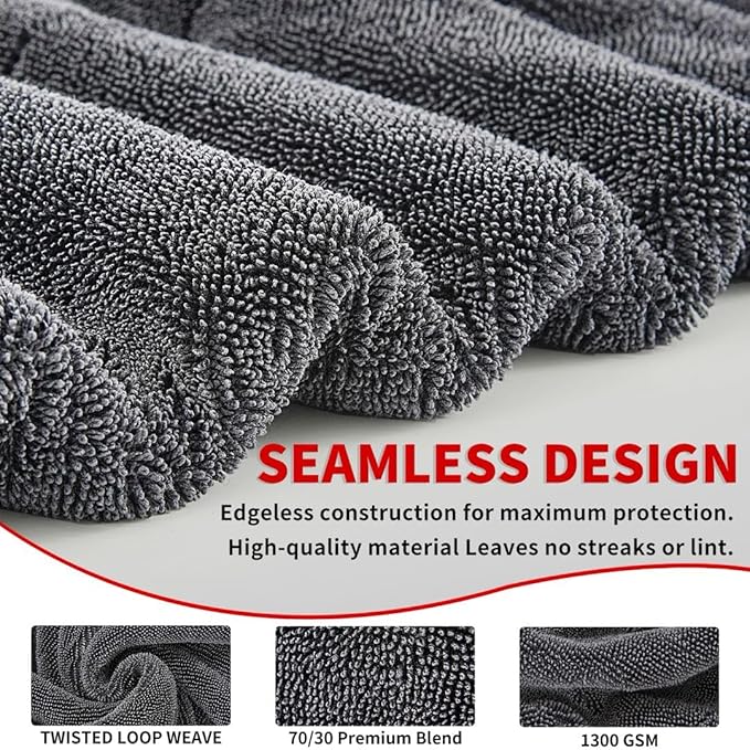Wasal Car Drying Towel - 24" x 36" XL, Popular Pick Among Detailing Pro- 1300 GSM Microfiber Edgeless Twisted Loop Design - 70/30 Blend, Extra Large,Super-Fast Drying, Streak Free