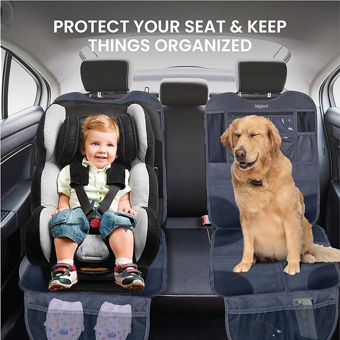 Lulyboo Car Seat Protector & Organizer for Baby - Denim Kick Mat with Extra Storage, Built-in Tablet Holder, Back & Front Facing Shield, Compatible with All Vehicles, Leakproof & Easy to Install