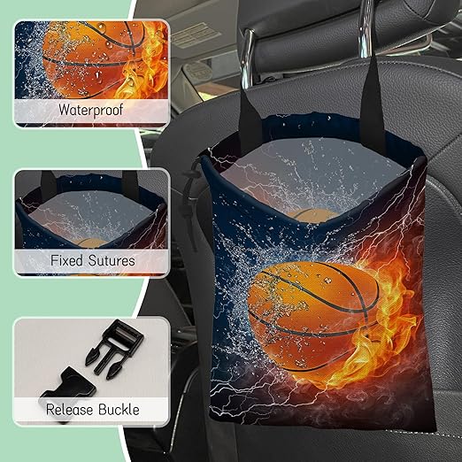 Basketball Car Trash Bag,Fire Ball Hanging Drawstring Car Garbage Bag,Waterproof Canvas Car Back Seat Organizer with Adjustable Buckle,for Vehicles,SUVs,Camping,Road Trips