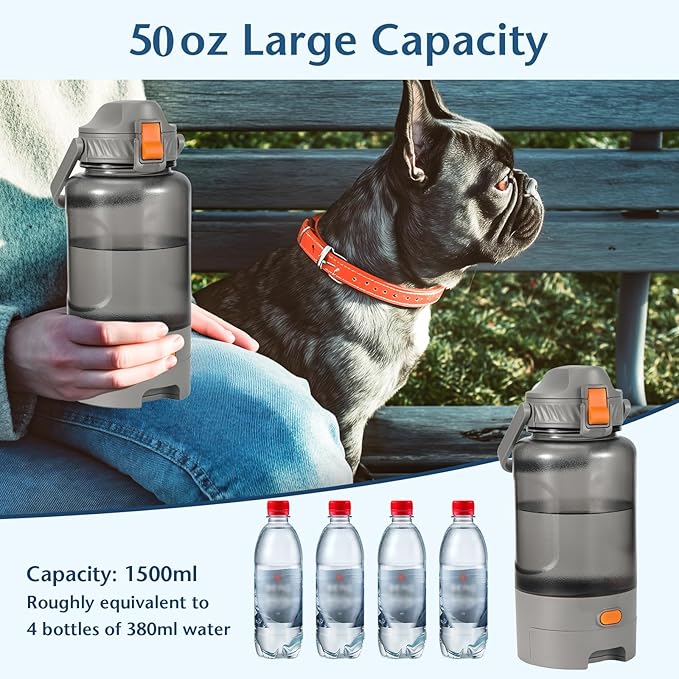 Outdoor Dog Water Bottle 50oz Leakproof Portable Pet Water Dispenser with Handle for Travel Hiking Camping Beach Trips BPA Free Must Have for Active Pets (Grey)