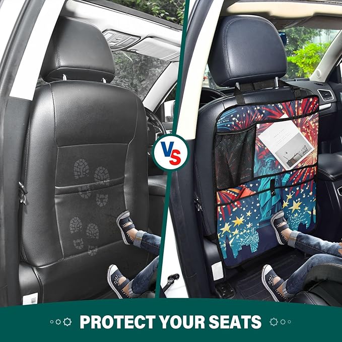 July 4th Fireworks Statue Of Liberty Blue 1 Pack Backseat Car Organizer with Storage Pockets Seat Back Organizers for Kids Kick Mats Backseat Protector Automotive