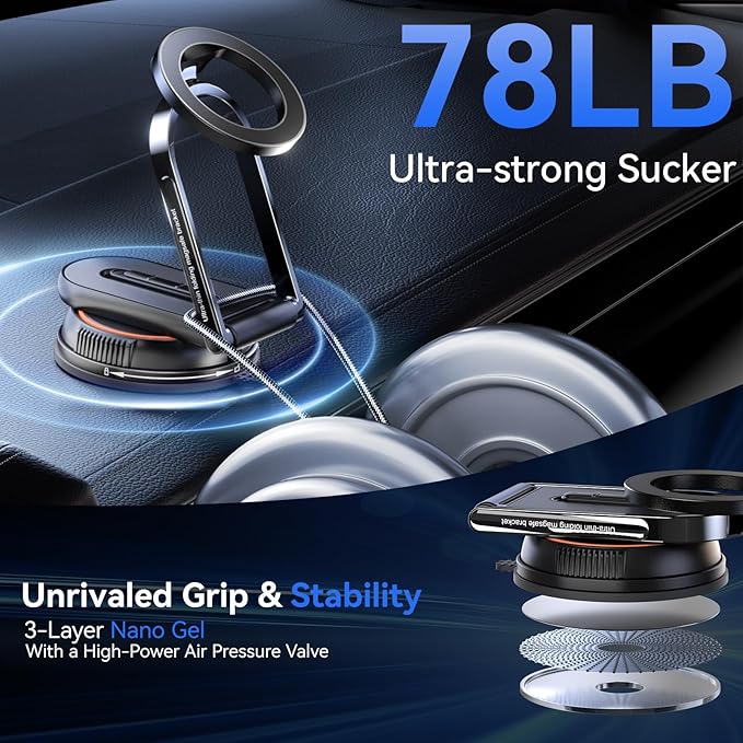 360°Adjustable Vacuum Magnetic Phone Holder for Cars/Shower/ Mirror/Gyms/ Kitchen/Bathroom,[Detachable Phone Stand] [Reliable Suction]Suction Cup Phone Mount Compatible with iPhone & All Phones