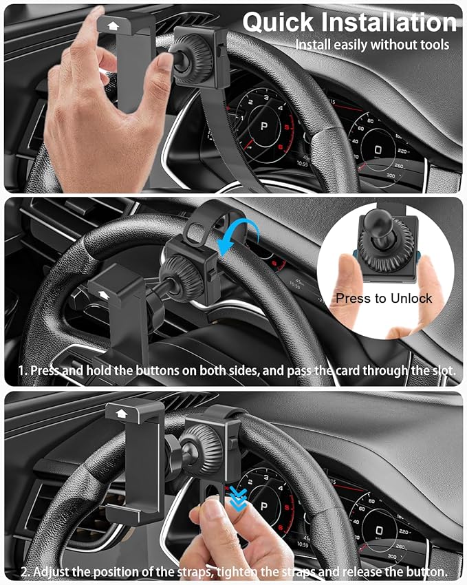 woleyi Car Steering Wheel Phone Holder - [Thick Cases Friendly] 360° Rotatable Phone Holders for Your Car Mount Automobile Hands Free Cradle for iPhone Air 17 16 15 14 13 Pro Max, Galaxy, 4-7" Phones