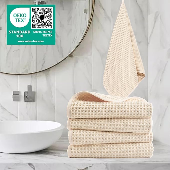POLYTE 430 GSM Microfiber Lint Free Hand Towel, 16 x 30 in, 4 Pack (Waffle Weave)