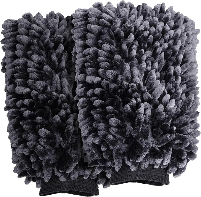 VIKING Car Wash Mitt, Microfiber for Car Cleaning, Premium Chenille, Black, 10 inch x 8 inch, 2 Pack